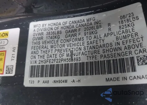 2023 Honda Civic Lx z USA, uszkodzony, nr VIN 2HGFE2F22PH562893